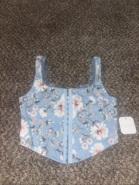 Altar'd State Light Blue Floral Hook-Front corset Crop Top